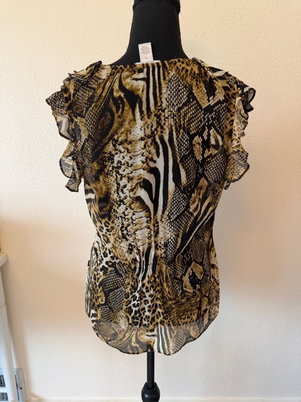 VINTAGE CACHÉ Ruffled Animal Print V-Neck Blouse - Brown/Black SIZE MED - Picture 3 of 4